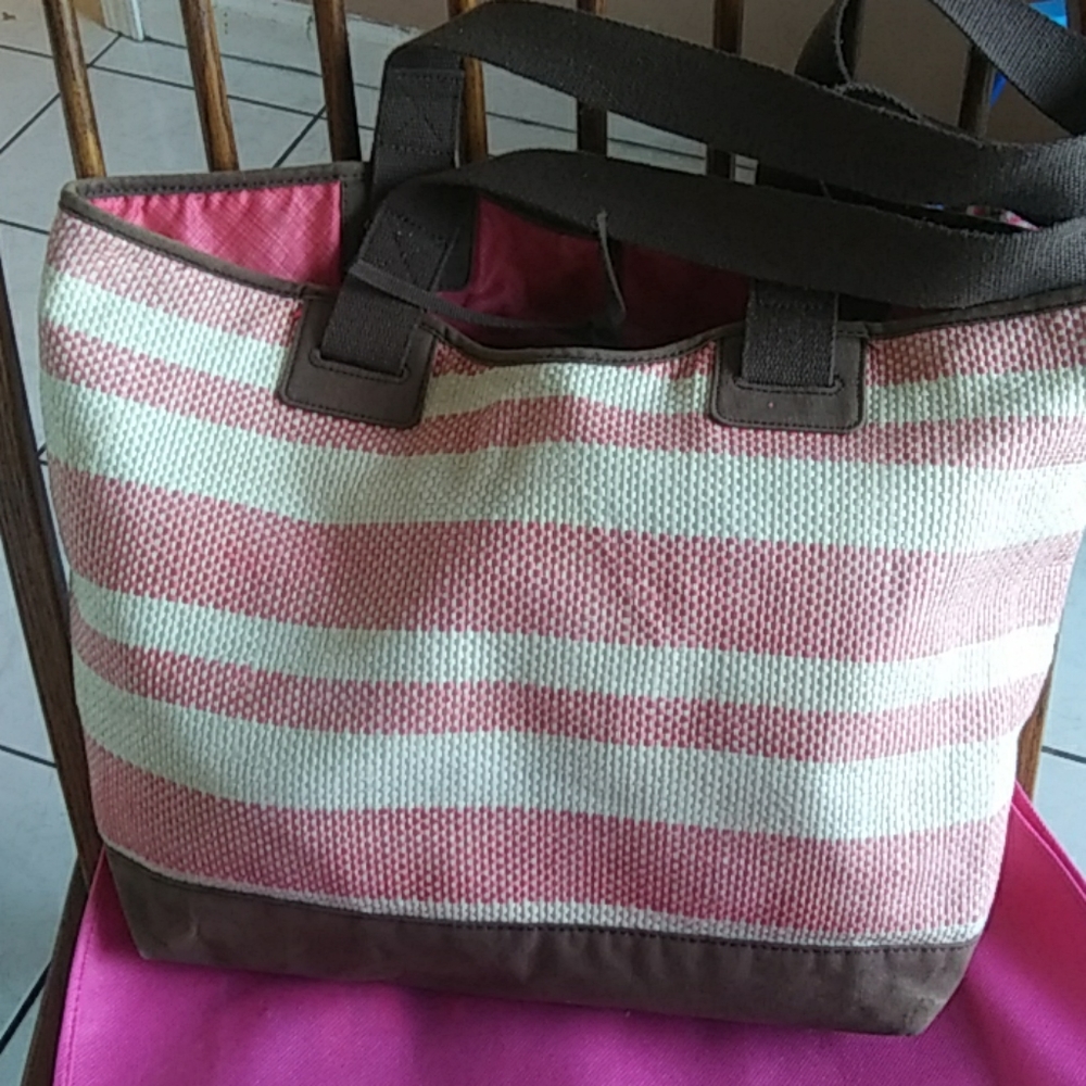 🌸Thirty-One Pink & Cream Straw Tote Brown accents